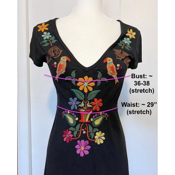 Johnny Was LA JWLA Black Knit Dress with Floral Embroidered LOVE Birds - Picture 4 of 10